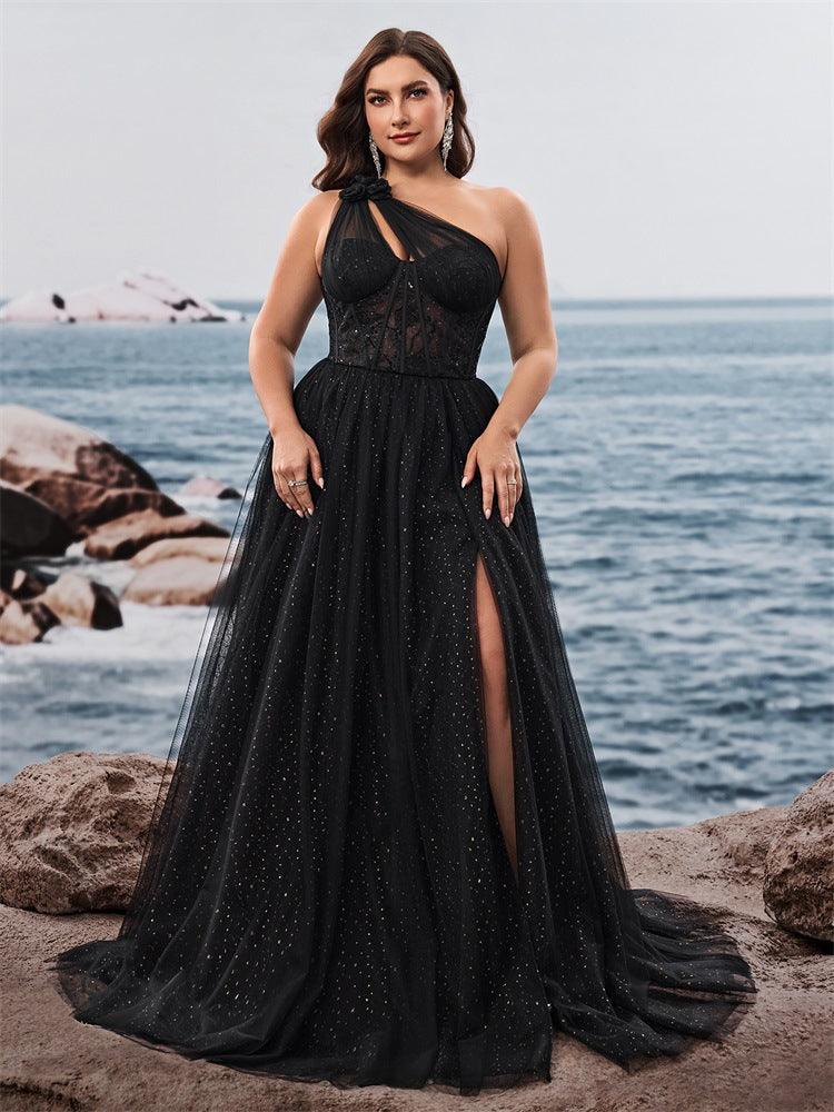 Dressime Plus Size A Line One Shoulder Tulle Long Formal Dress With Slit