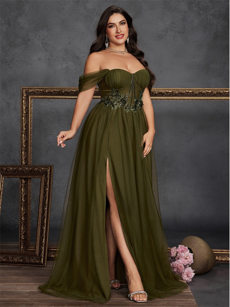 Dressime Plus Size A Line Off The Shoulder Corset Tulle Appliques Long Formal Dress
