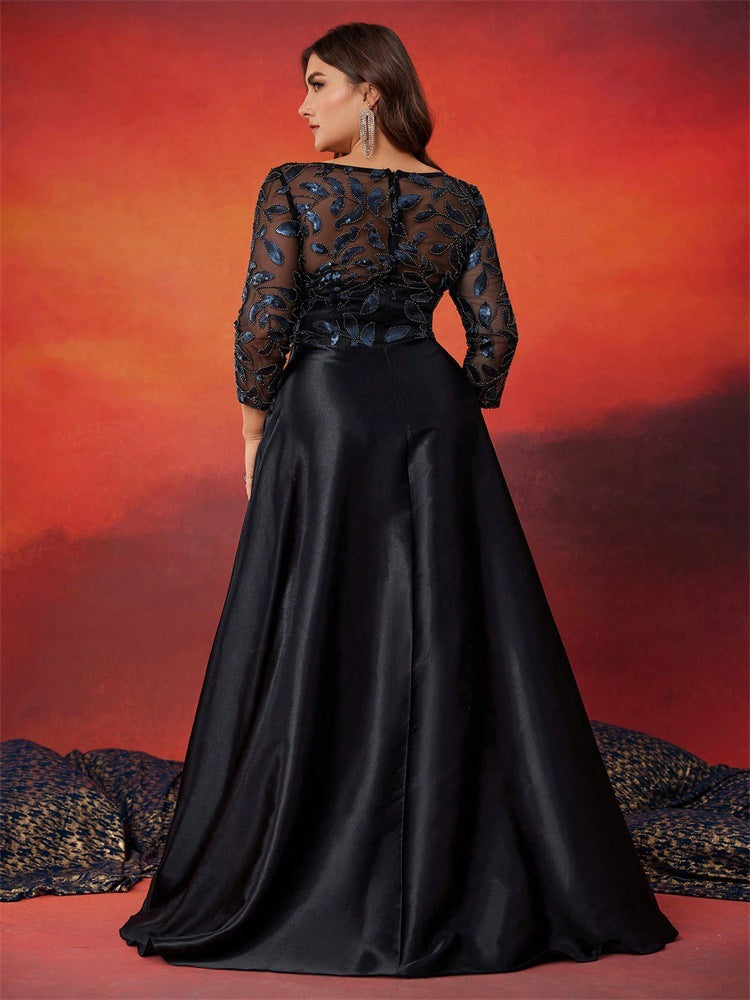 Dressime Plus Size A Line V Neck Long Sleeves Satin Sequin Long Formal Dress