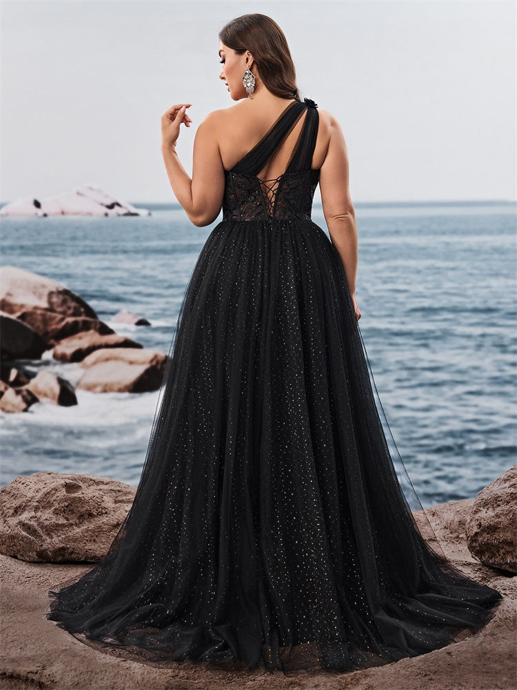 Dressime Plus Size A Line One Shoulder Tulle Long Formal Dress With Slit