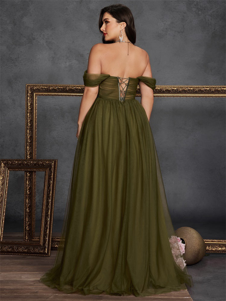 Dressime Plus Size A Line Off The Shoulder Corset Tulle Appliques Long Formal Dress