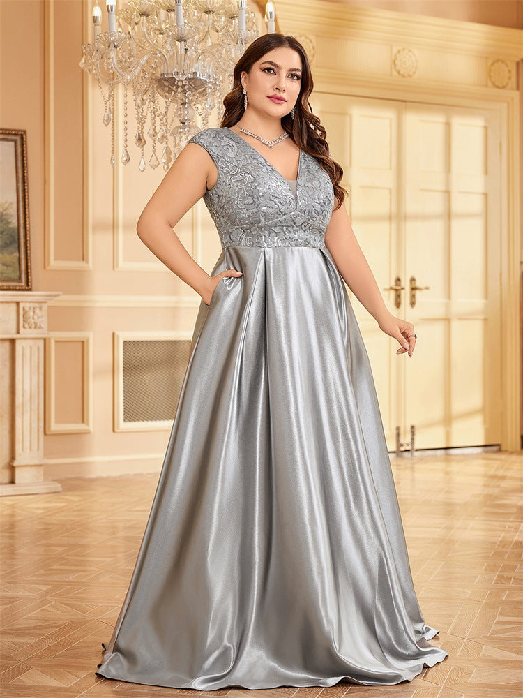 Dressime Plus Size A Line V Neck Sleeveless Satin Long Formal Dress With Appliques