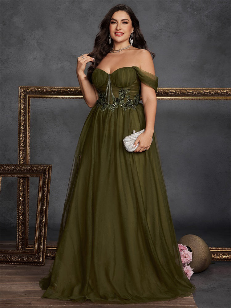 Dressime Plus Size A Line Off The Shoulder Corset Tulle Appliques Long Formal Dress