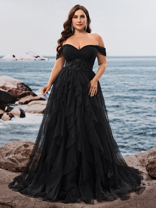 Dressime Plus Size A Line Off The Shoulder Tulle Ruffled Long Formal Dress