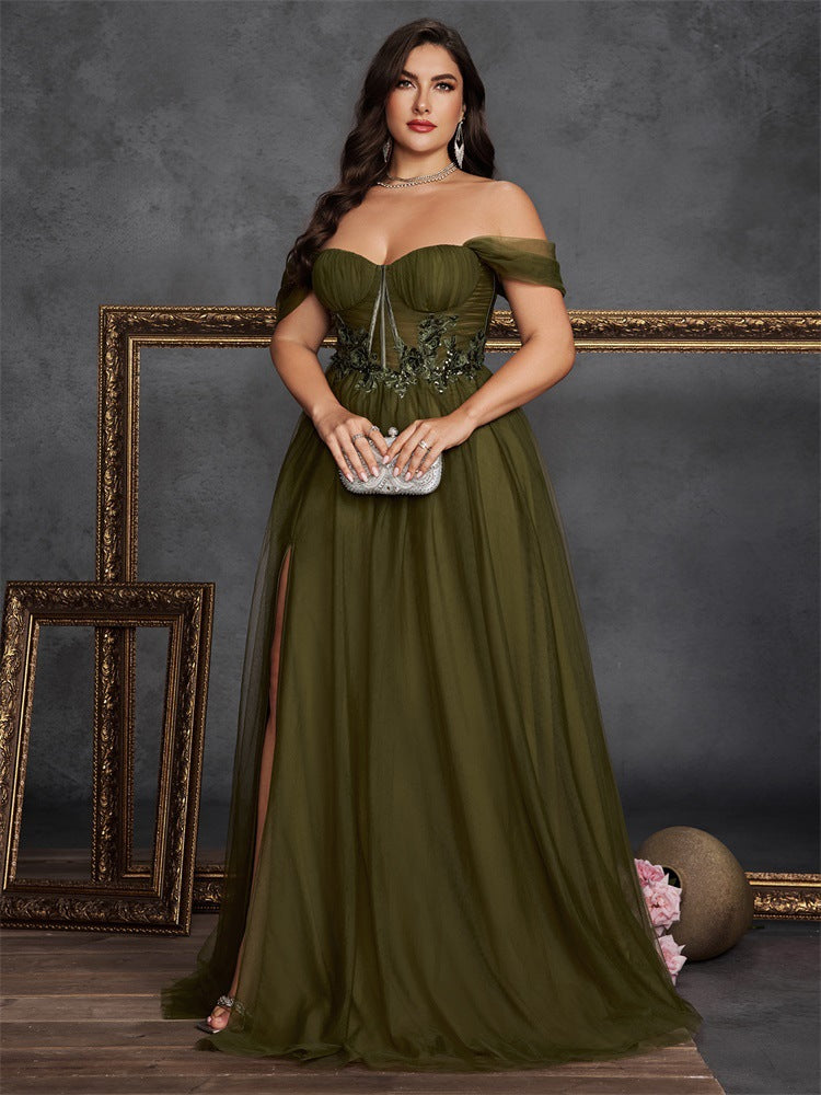 Dressime Plus Size A Line Off The Shoulder Corset Tulle Appliques Long Formal Dress