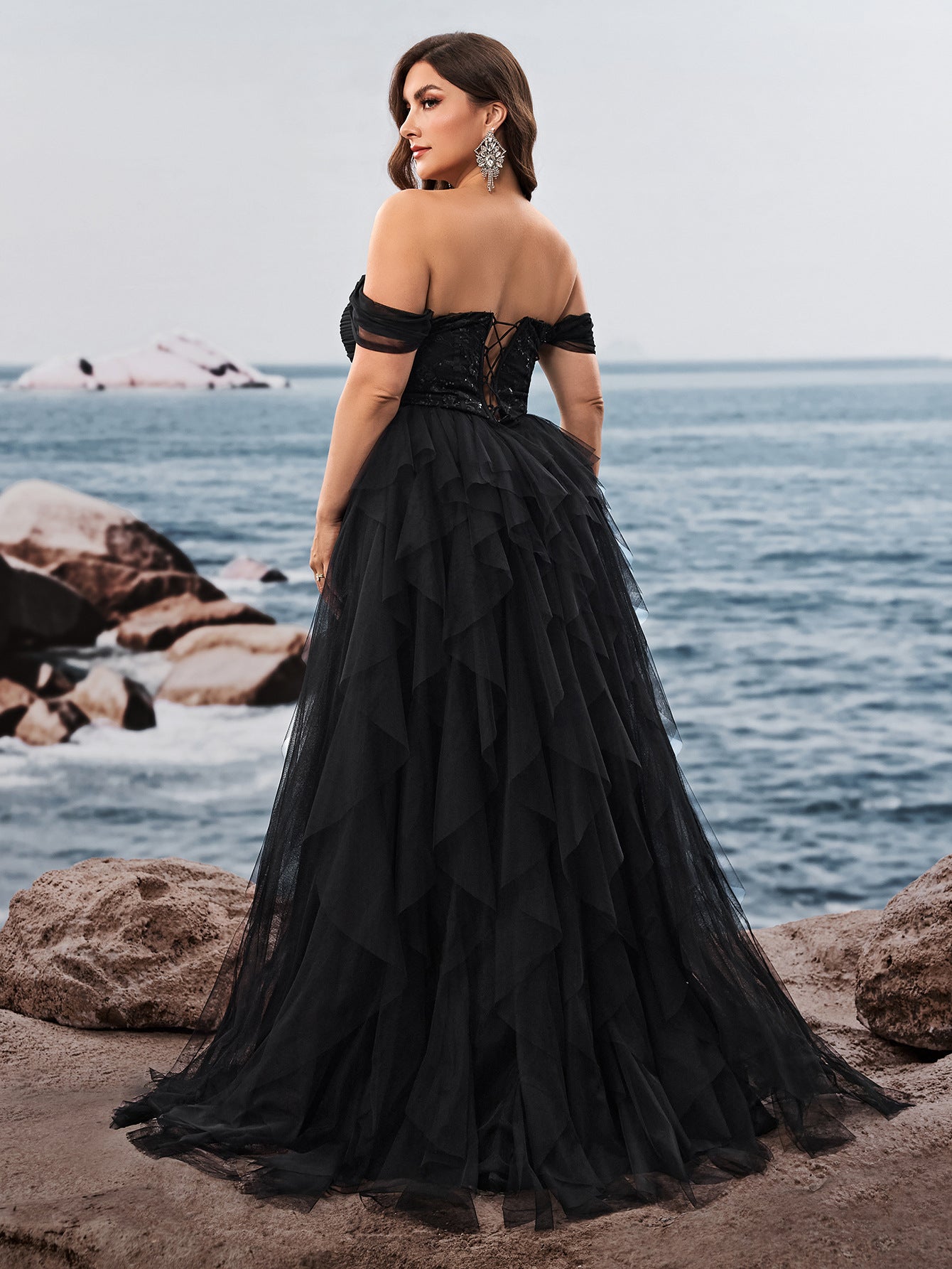 Dressime Plus Size A Line Off The Shoulder Tulle Ruffled Long Formal Dress