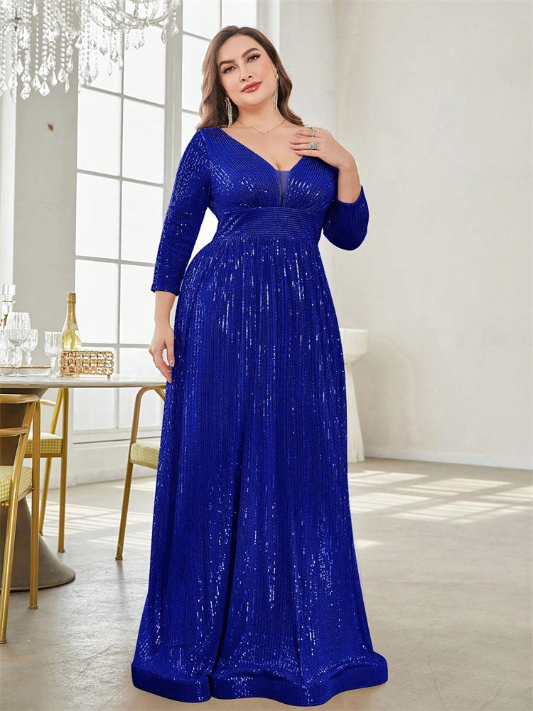 Dressime Plus Size Sparkly A Line V Neck Sequin Long Sleeves Long Formal Dress