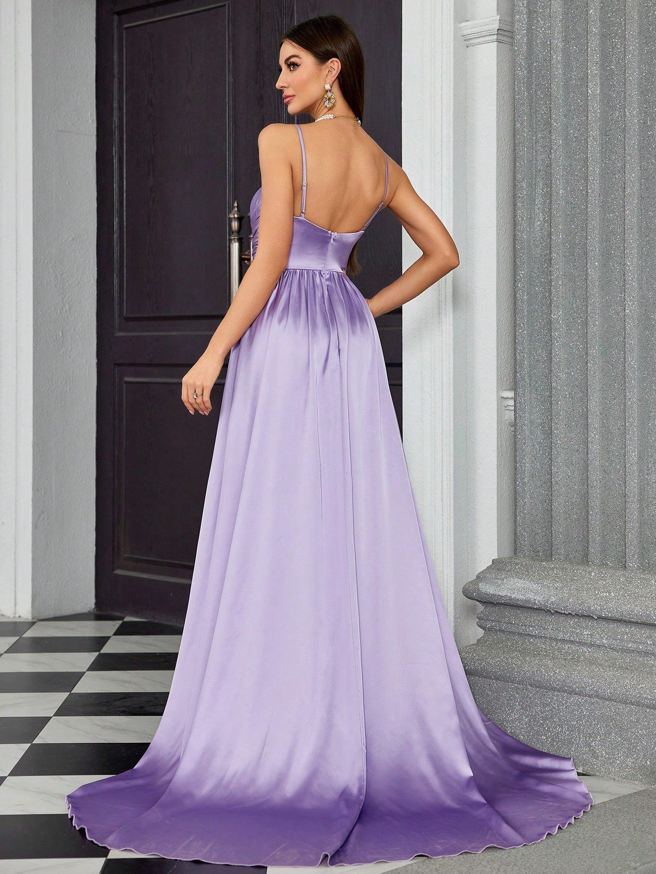 Dressime Elegant A Line Spaghetti Straps Satin Keyhole Long Formal Dress With Slit