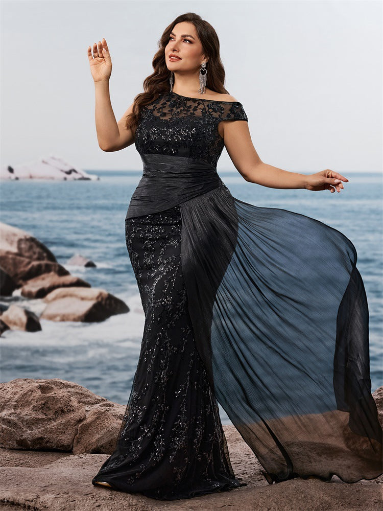 Dressime Plus Size Sheath One Shoulder Appliques Long Formal Dress With Train