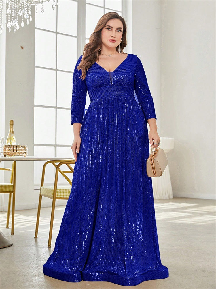 Dressime Plus Size Sparkly A Line V Neck Sequin Long Sleeves Long Formal Dress