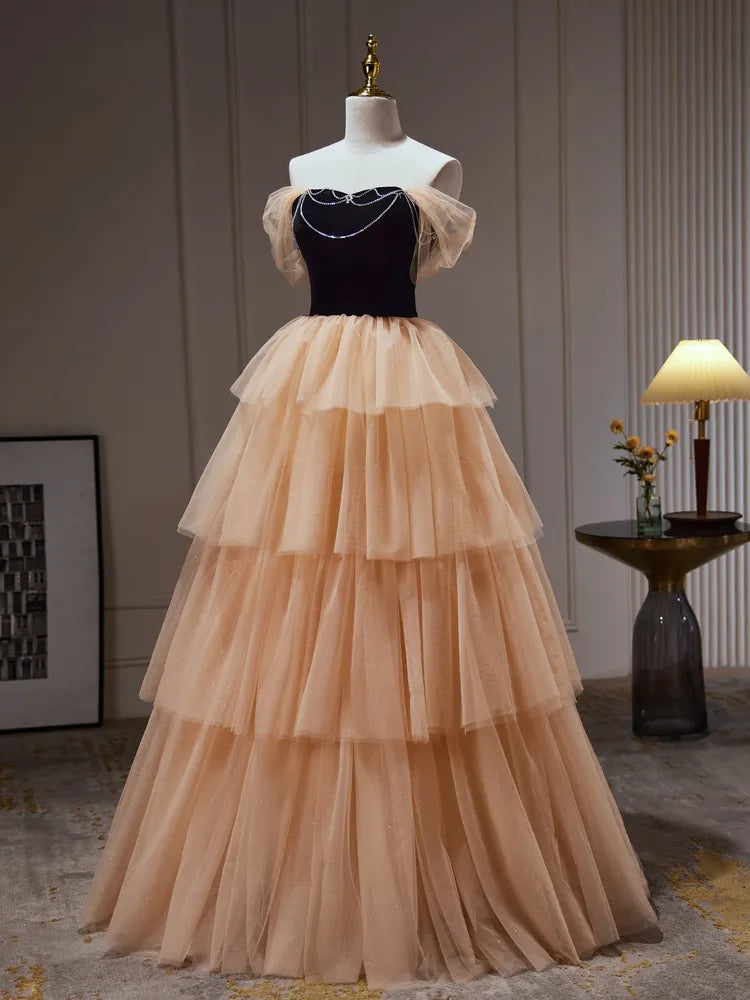 Dressime A Line Off The Shoulder Tulle Rhinestone Tiered Ruffles Long Party Dress
