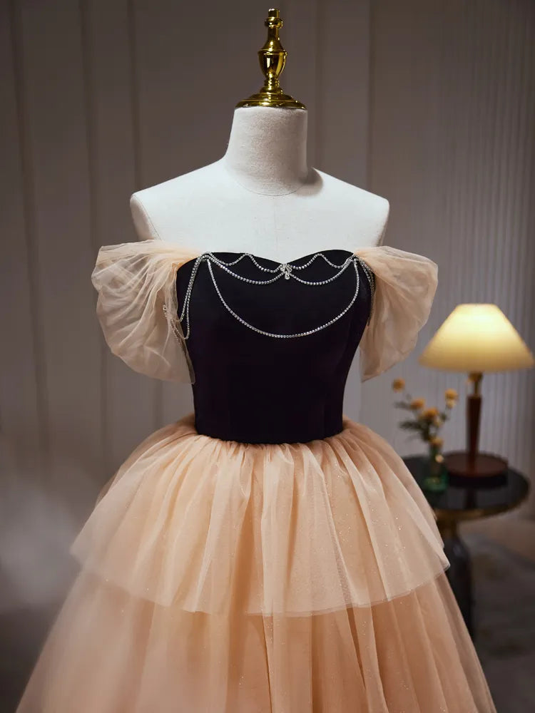 Dressime A Line Off The Shoulder Tulle Rhinestone Tiered Ruffles Long Party Dress