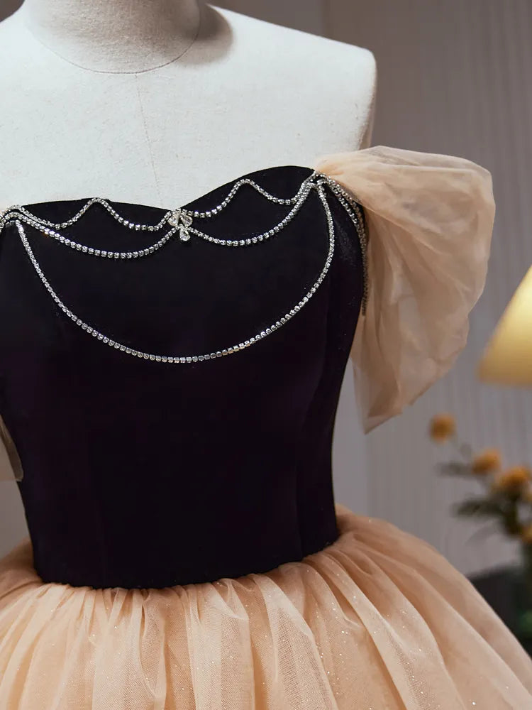 Dressime A Line Off The Shoulder Tulle Rhinestone Tiered Ruffles Long Party Dress