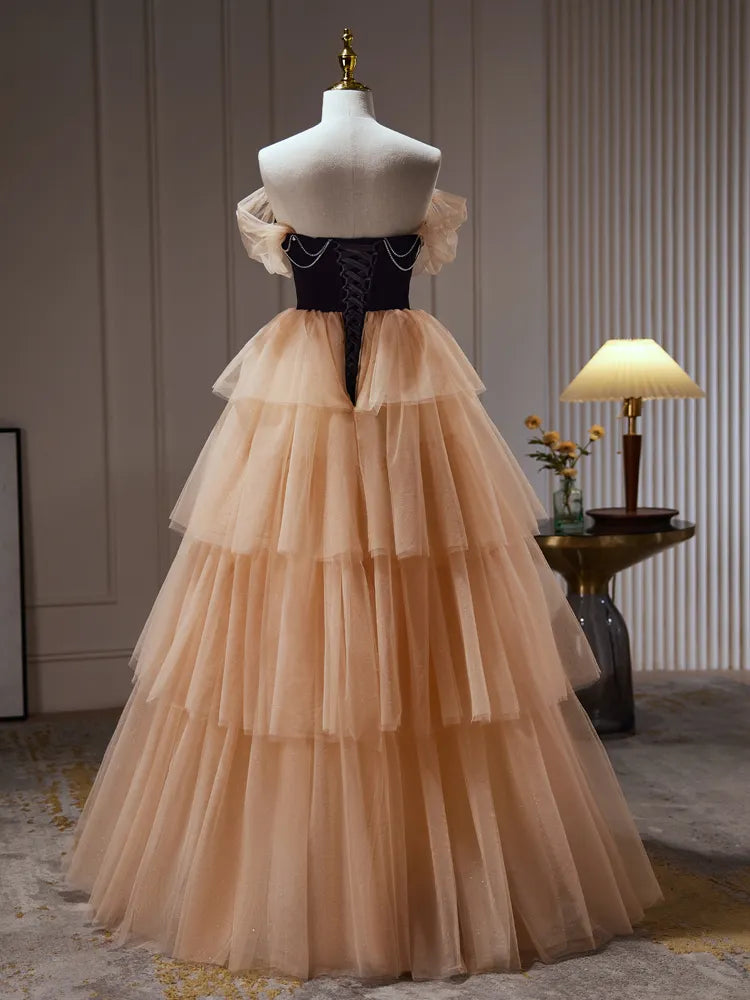 Dressime A Line Off The Shoulder Tulle Rhinestone Tiered Ruffles Long Party Dress