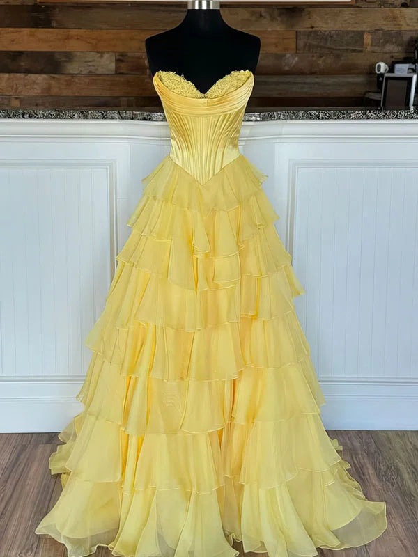 Dressime A Line Sweetheart Chiffon Corset Tiered Long Prom Dress