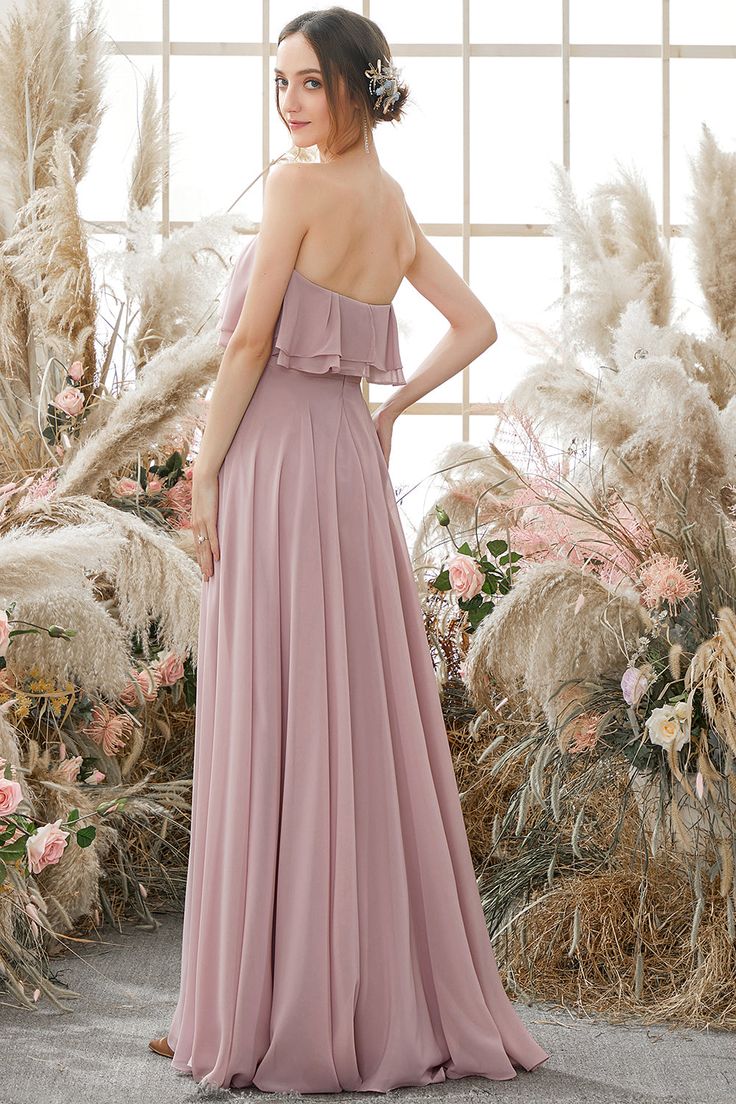 dressimeStrapless Bridesmaid Dresses A Line Ruched Bodice Chiffon