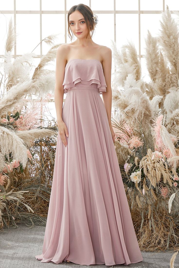 dressimeStrapless Bridesmaid Dresses A Line Ruched Bodice Chiffon