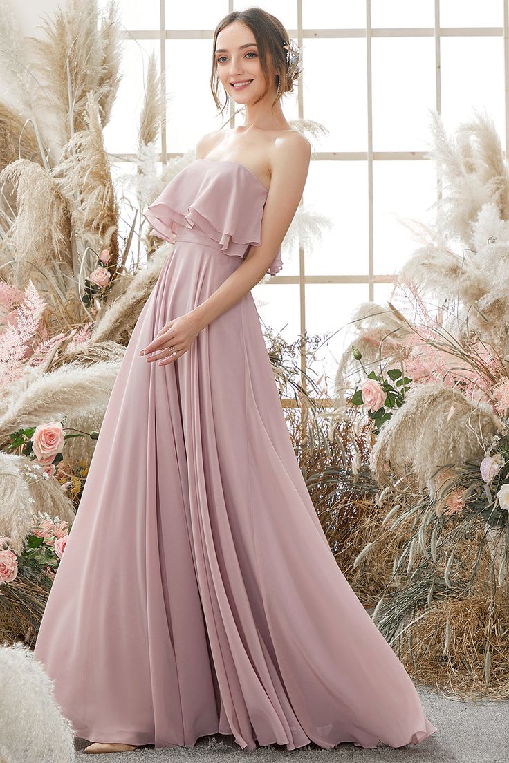 dressimeStrapless Bridesmaid Dresses A Line Ruched Bodice Chiffon