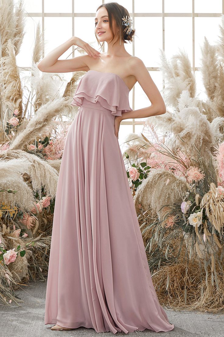 dressimeStrapless Bridesmaid Dresses A Line Ruched Bodice Chiffon