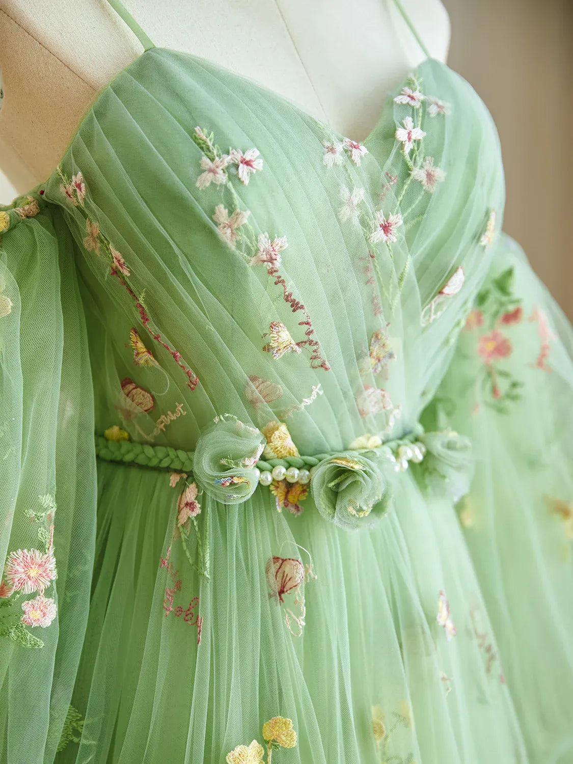 Dressime A Line Spaghetti Straps Tulle Long Evening Dress With Embroidery