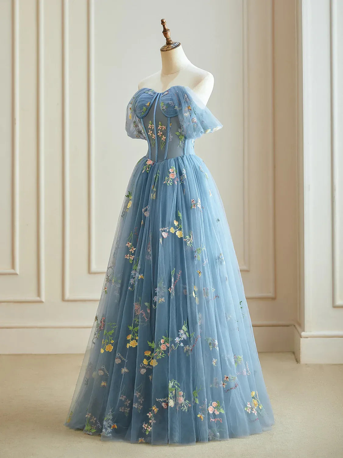 Dressime A Line Off The Shoulder Tulle Long Evening Dress With Appliques