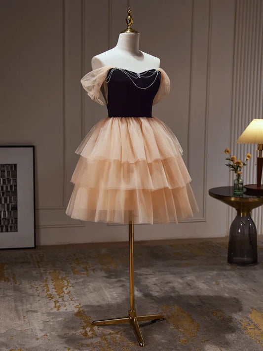 Dressime A Line Off The Shoulder Tulle Rhinestone Tiered Ruffles Short Party Dress