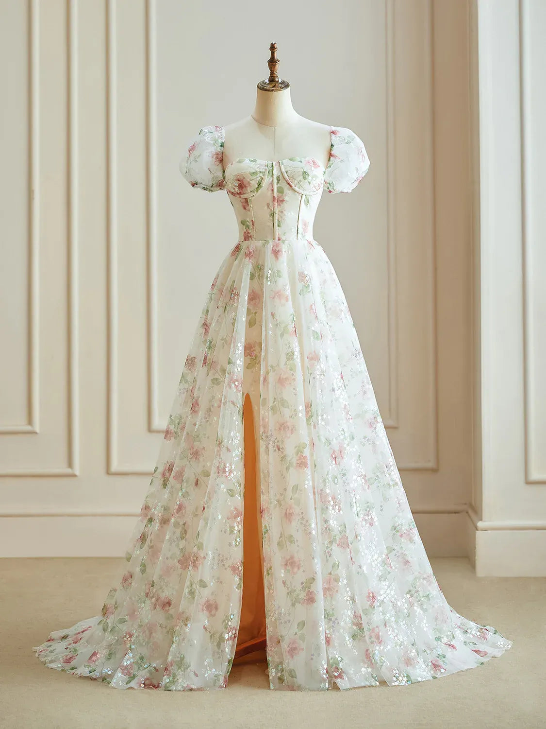 Dressime Woman's Classic Champagne Evening Dress A Line Sweetheart Floral Long Prom Dress With Slit dressime Dressime Woman's Classic Champagne Evening Dress A Line Sweetheart Floral Long Prom Dress With Slit dressime