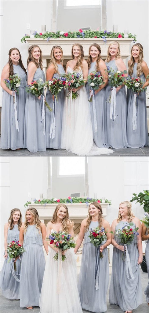 Dressime A-Line Halter Long Lace Chiffon Sleeveless Bridesmaid Dress dressime