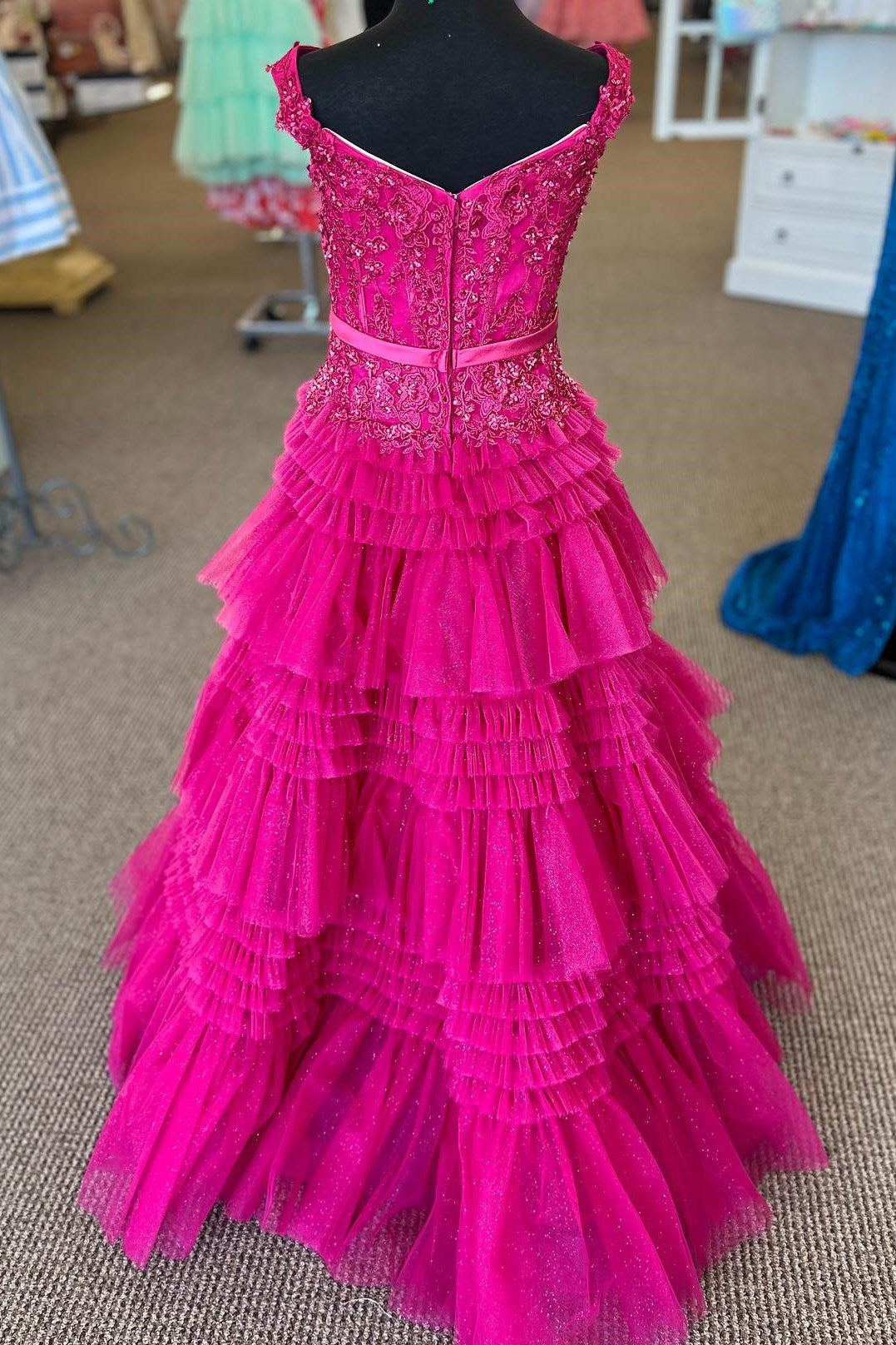 Dressime A Line Off The Shoulder Organza Multi-Layer Girl Pageant Dress with Ruffles dressime