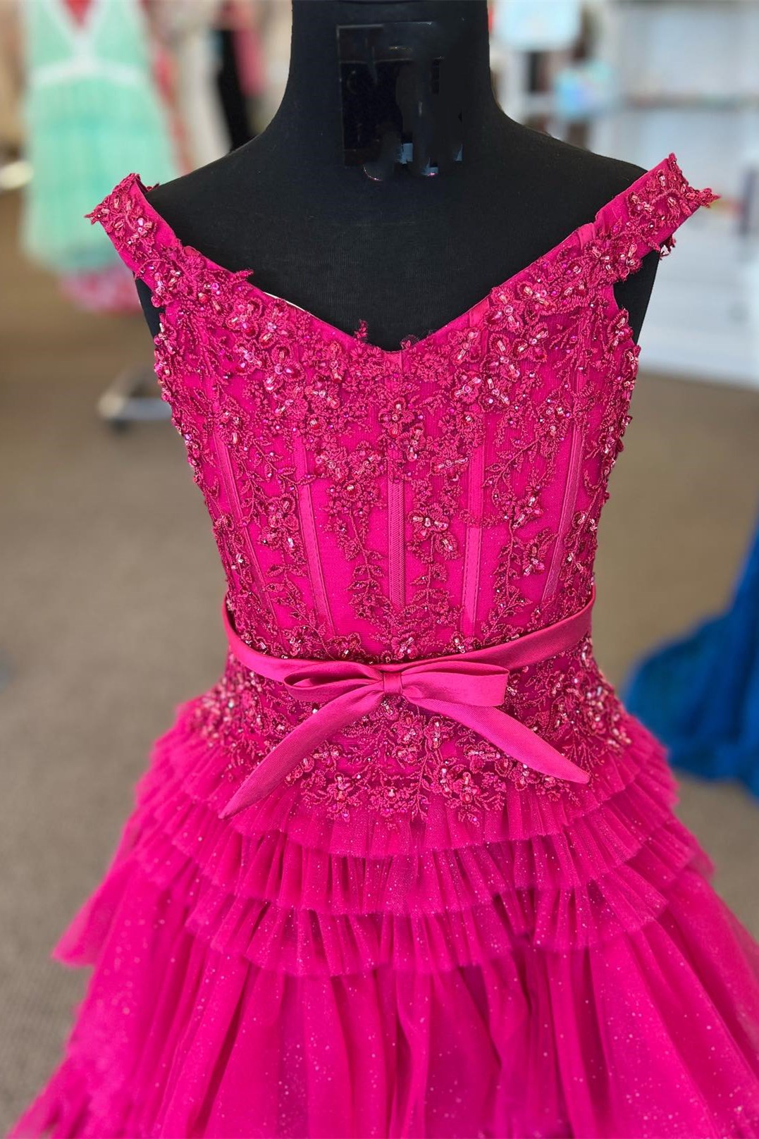 Dressime A Line Off The Shoulder Organza Multi-Layer Girl Pageant Dress with Ruffles dressime