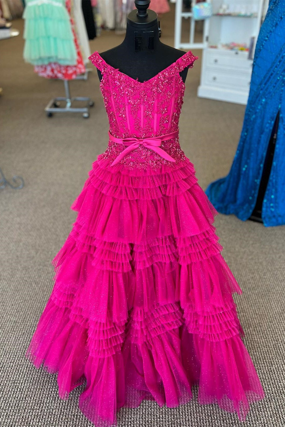 Dressime A Line Off The Shoulder Organza Multi-Layer Girl Pageant Dress with Ruffles dressime