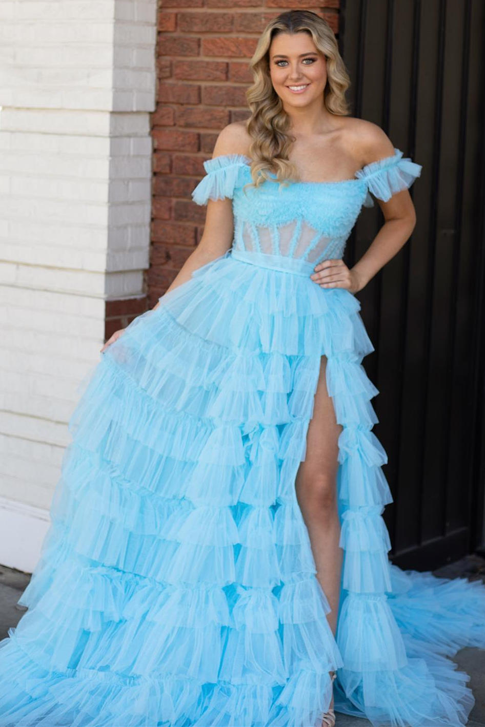 Dressime A Line Off the Shoulder Ruffle Tiered Tulle Prom Dress with Slit dressime