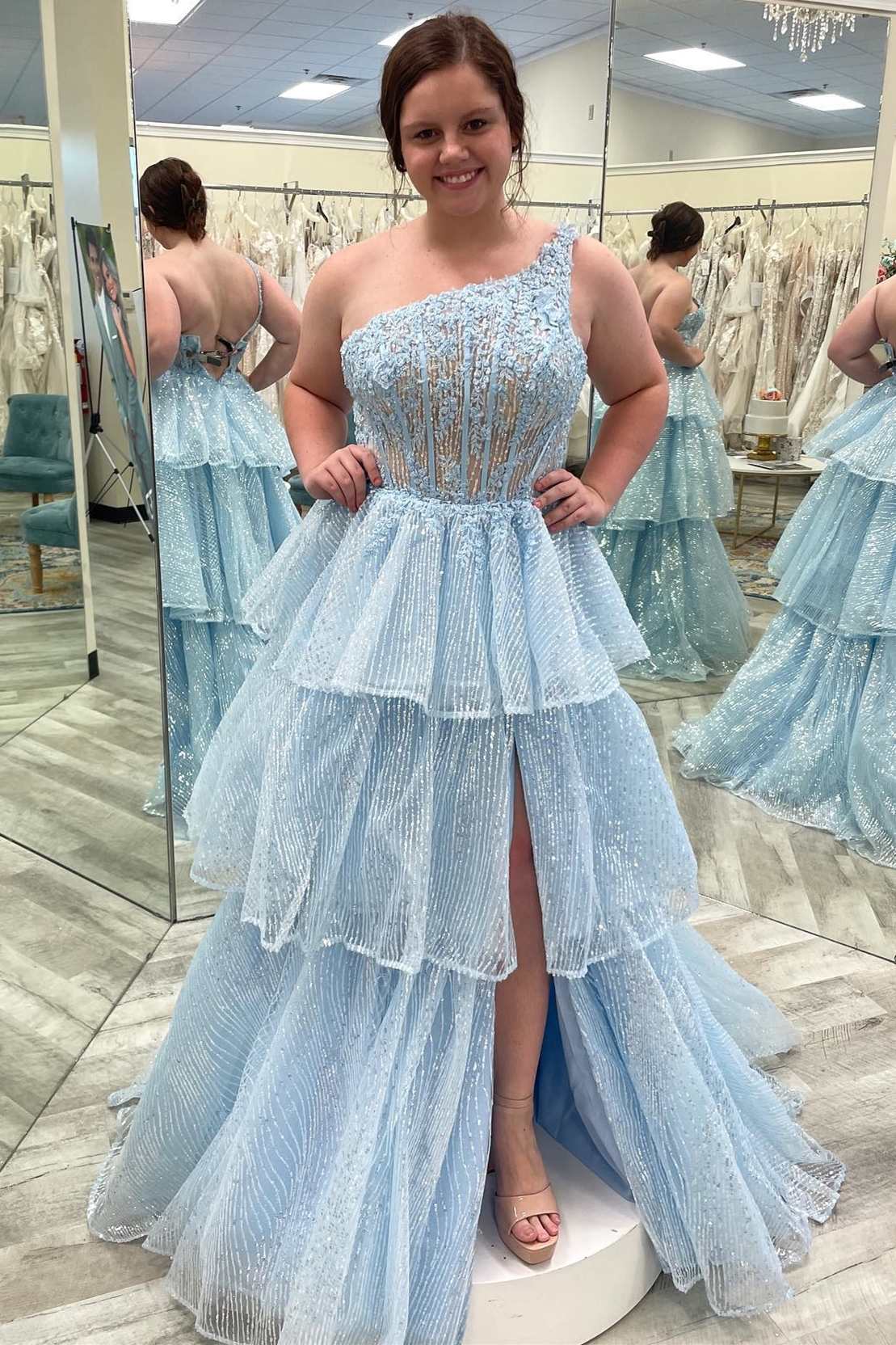 Dressime A Line One-Shoulder Lace Tiered Long Prom Dress with Slit dressime Dressime A Line One-Shoulder Lace Tiered Long Prom Dress with Slit dressime