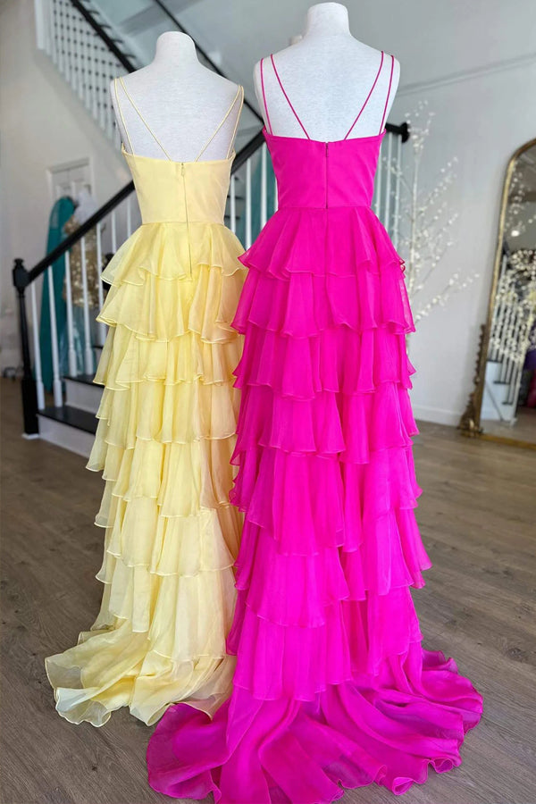 Dressime A Line Spaghetti Straps Chiffon Tiered Long Prom Dress dressime