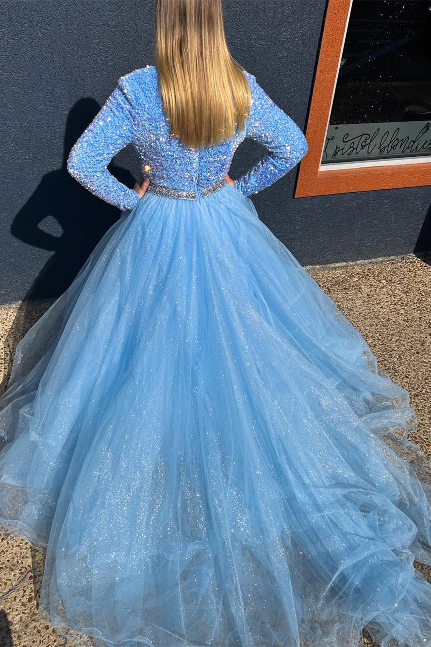 Dressime A-Line V Neck Sequin Tulle Long Sleeve Prom Dress dressime