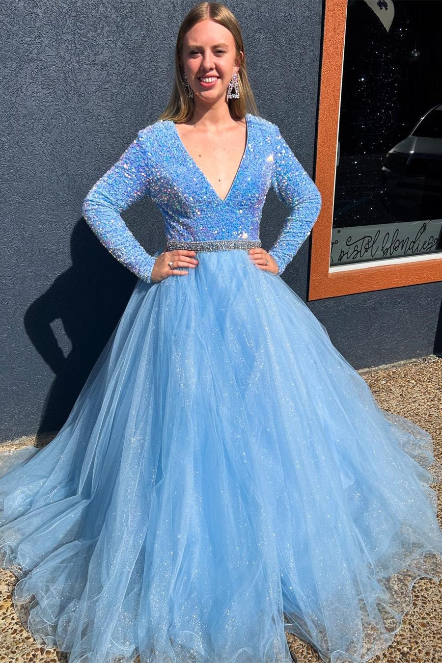 Dressime A-Line V Neck Sequin Tulle Long Sleeve Prom Dress dressime
