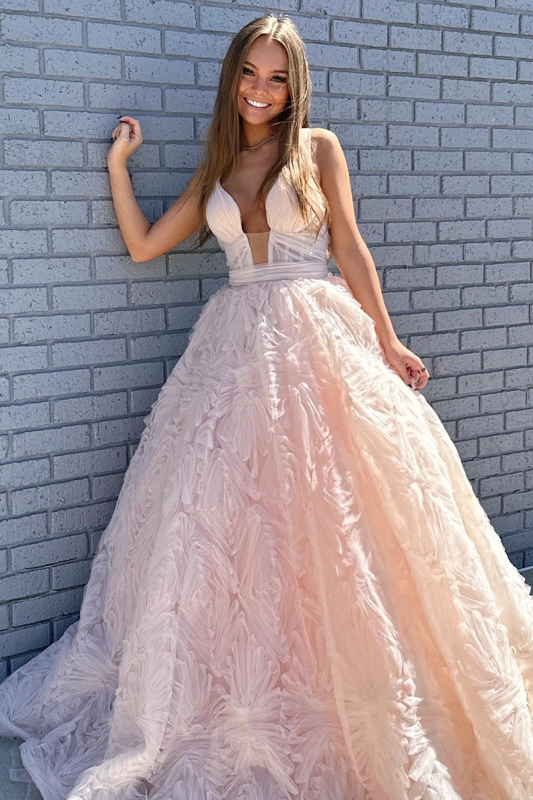 Dressime A-line Plunging V Neck Lace-Up Ruffles Long Prom Dress dressime