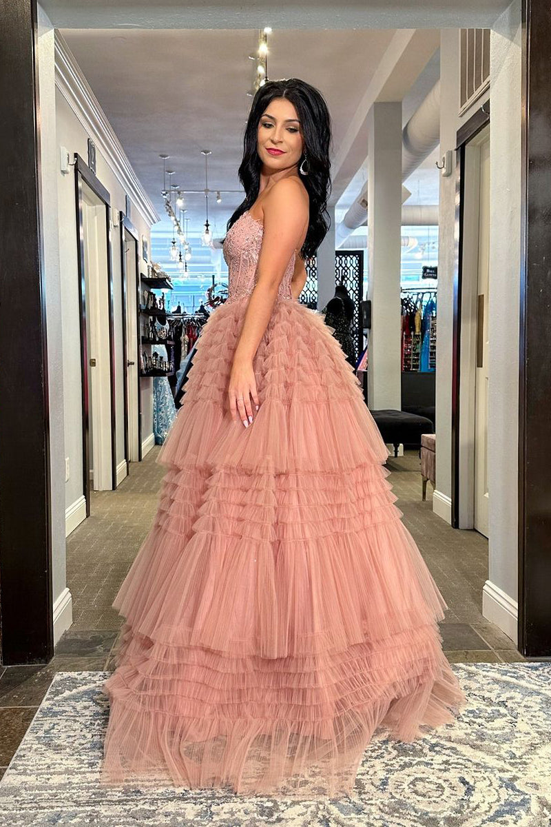 Dressime Ball Gown Sweetheart Tulle Tiered Tulle Long Prom Dresses dressime