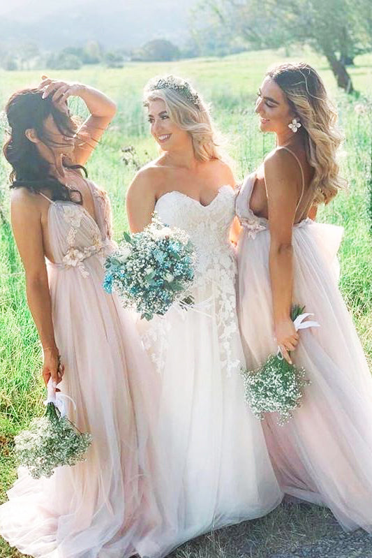 Dressime Dreamy V Neck Pearl Pink Tulle Floor Length Bridesmaid Dress dressime Dressime Dreamy V Neck Pearl Pink Tulle Floor Length Bridesmaid Dress dressime