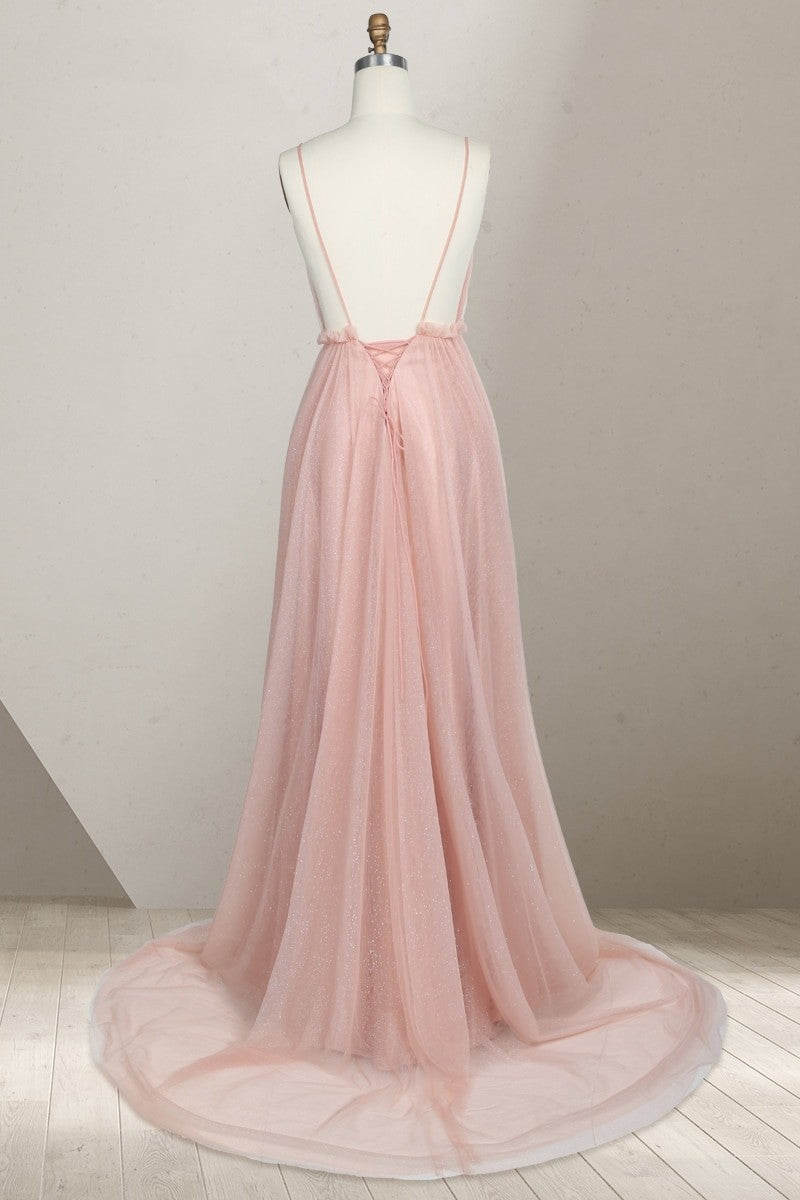 Dressime Dreamy V Neck Pearl Pink Tulle Floor Length Bridesmaid Dress with Appliques dressime