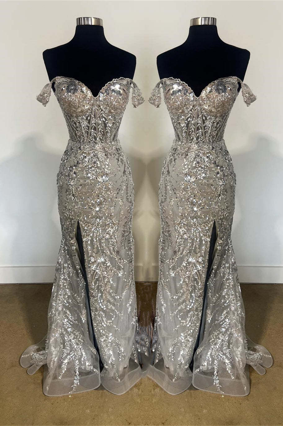 Dressime Mermaid Off The Shoulder Sequined Floral Long Prom Dress with Slit dressime