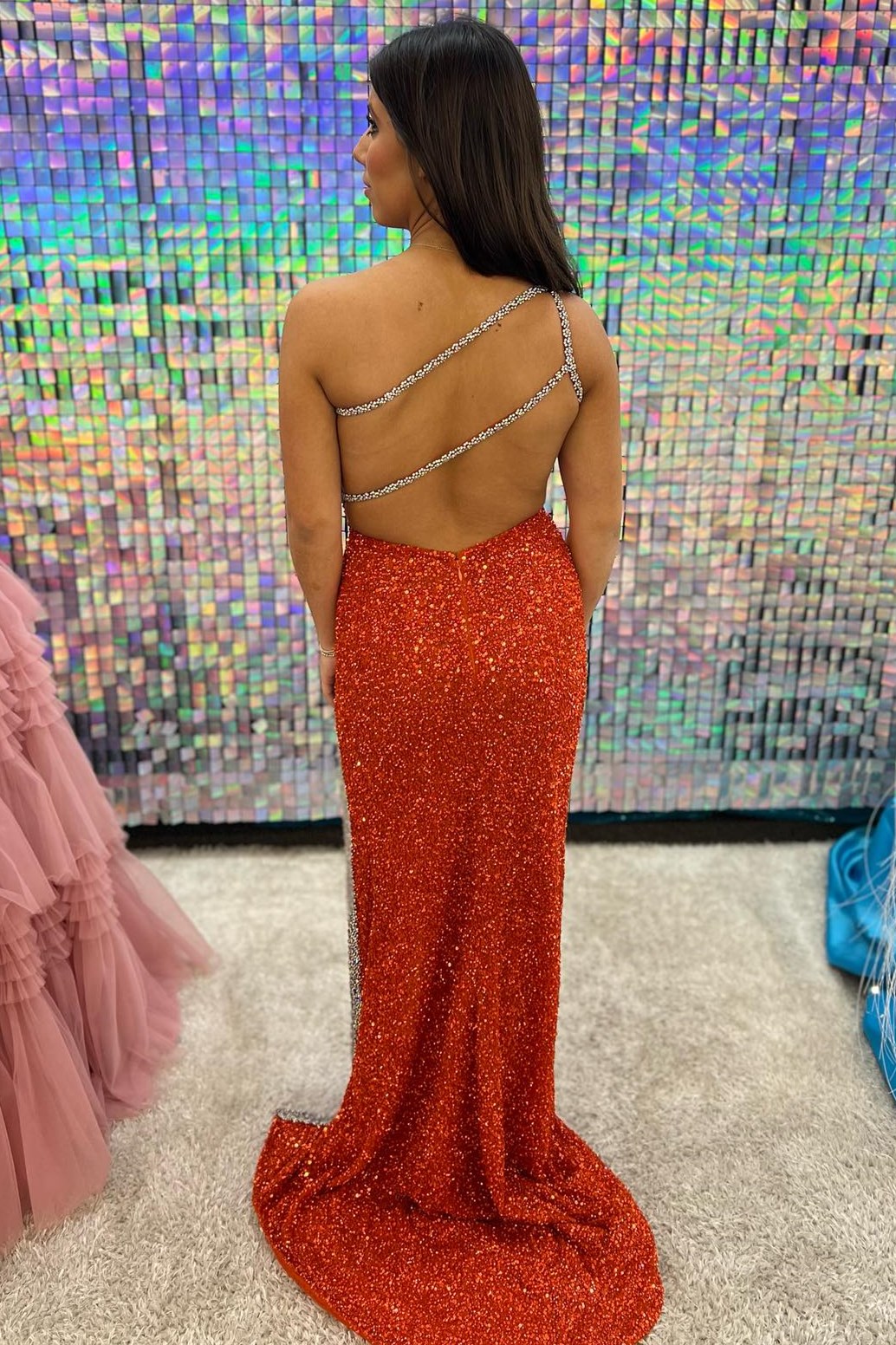 Dressime Mermaid One-Shoulder Sequin Rhinestone Keyhole Long Prom Dress with Slit dressime