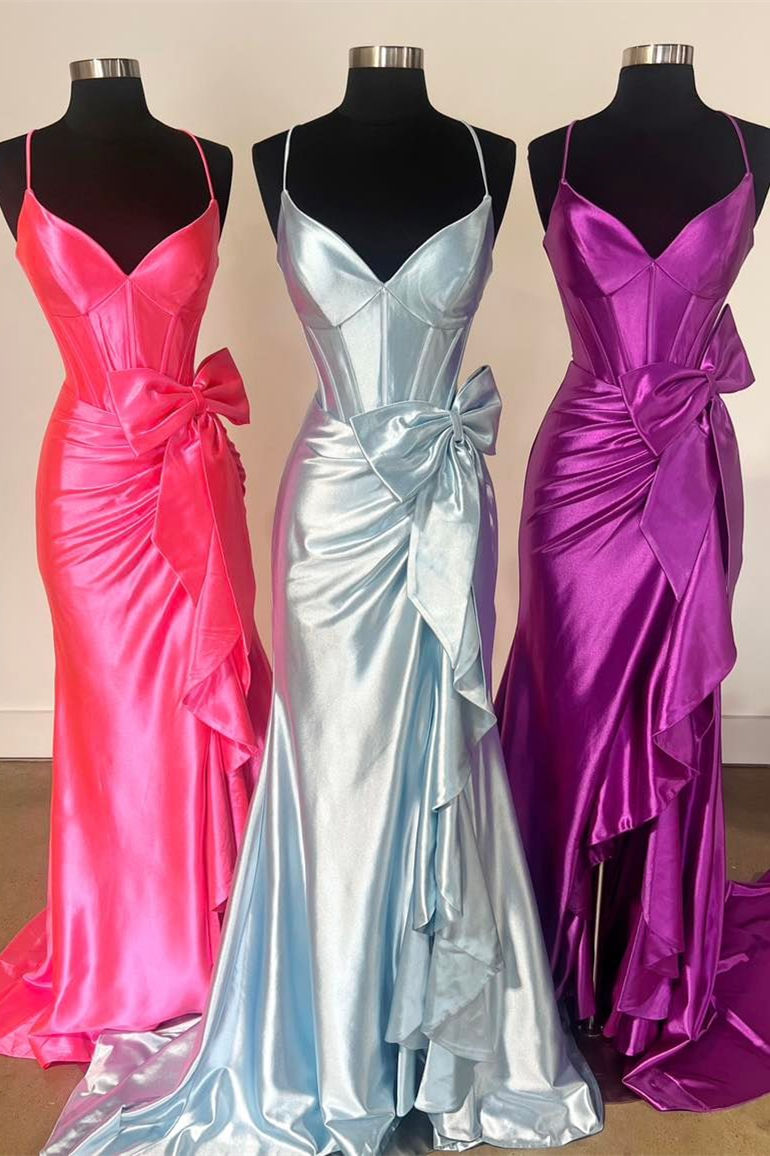 Dressime Mermaid Straps V Neck Satin Slit Prom Dress with Bow dressime