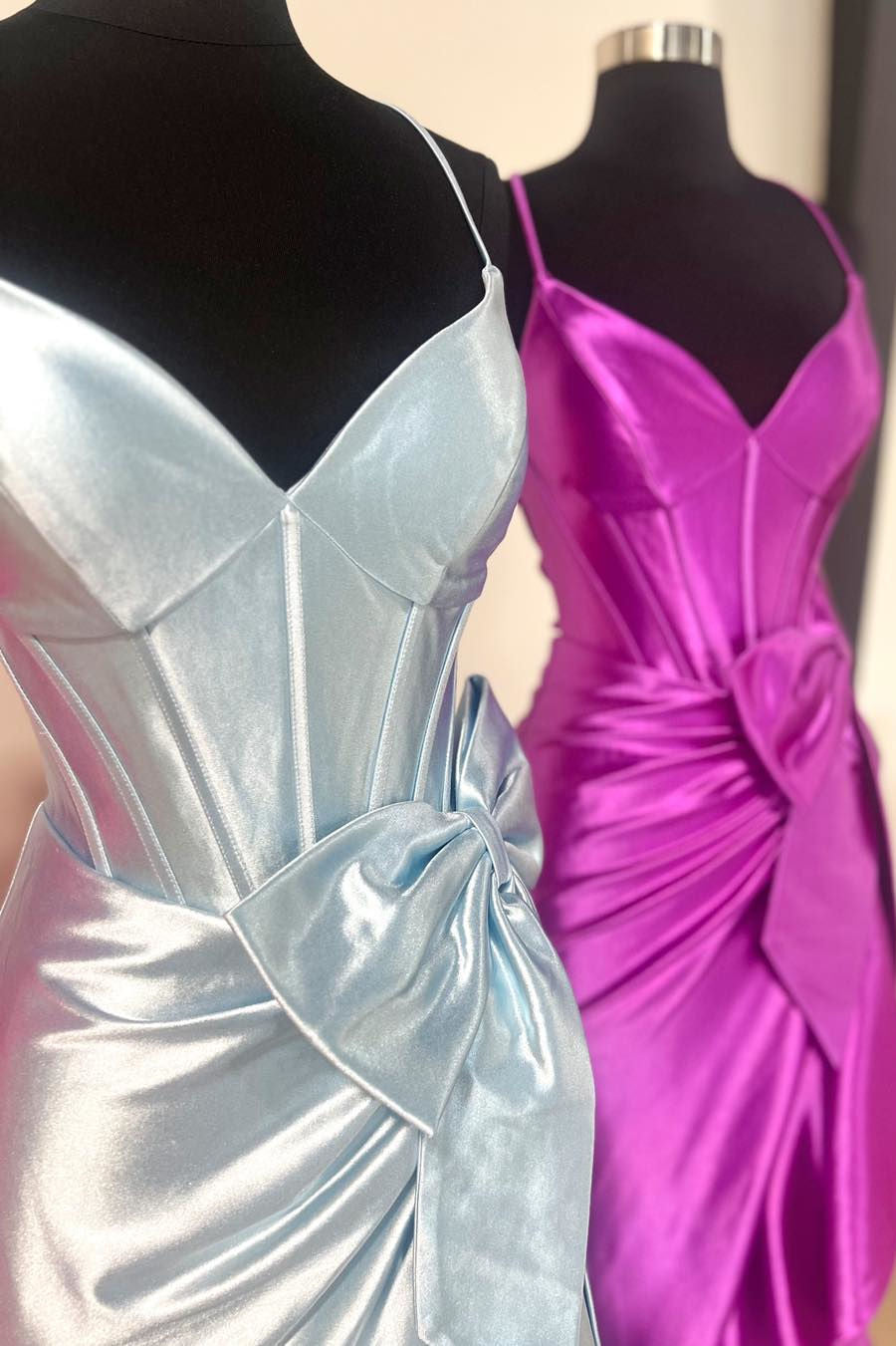 Dressime Mermaid Straps V Neck Satin Slit Prom Dress with Bow dressime