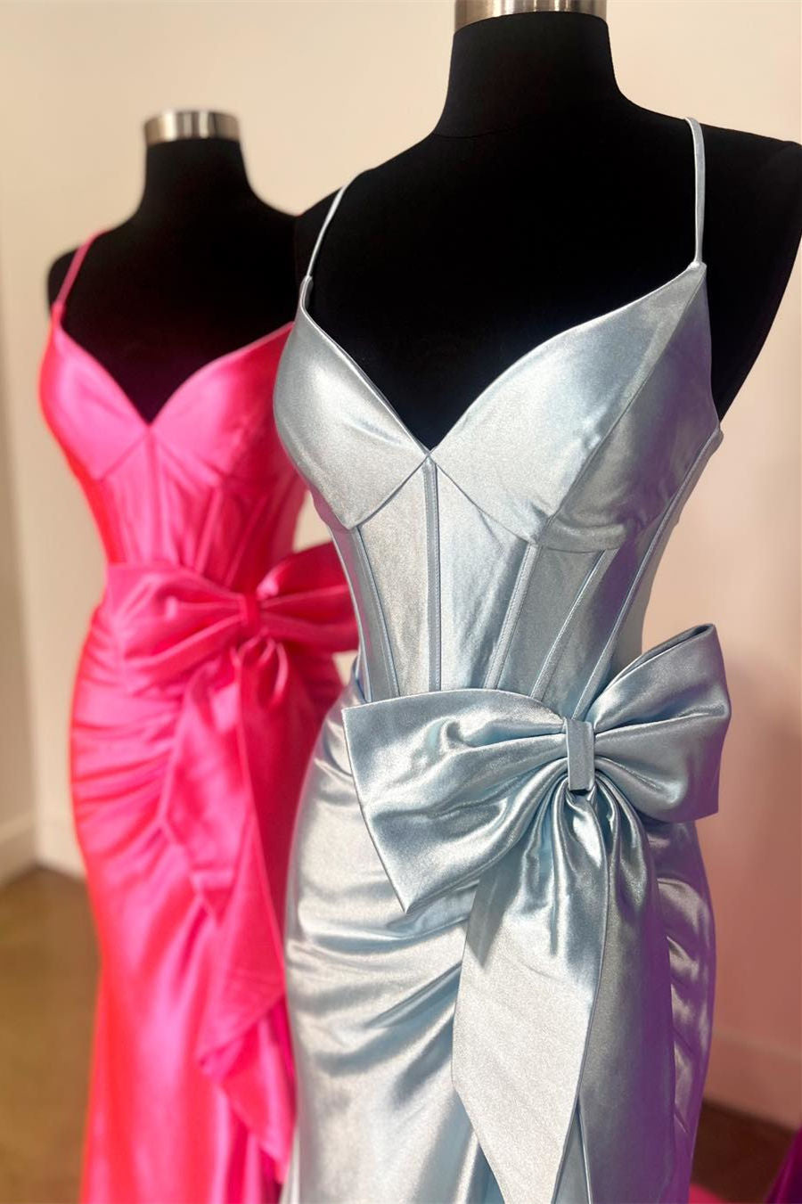 Dressime Mermaid Straps V Neck Satin Slit Prom Dress with Bow dressime