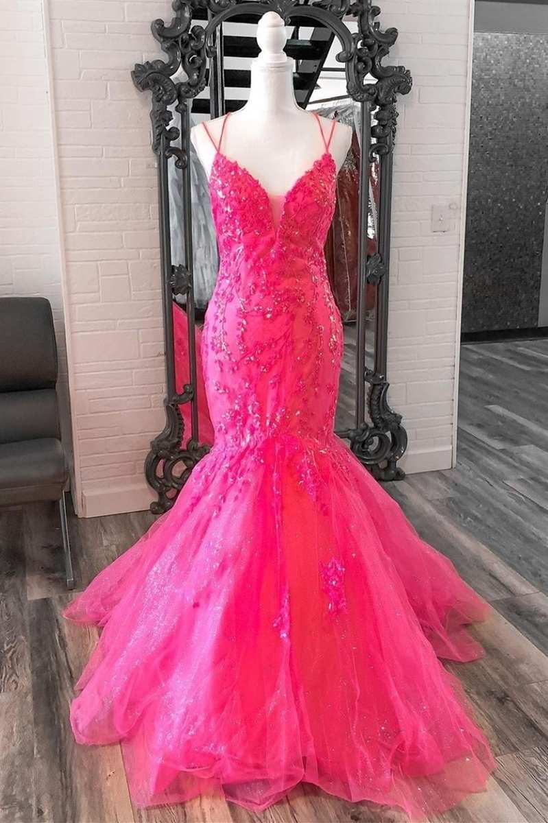 Dressime Mermaid V Neck Tulle Trumpet Long Prom Dress With Lace Appliq dressime Dressime Mermaid V Neck Tulle Trumpet Long Prom Dress With Lace Appliq dressime