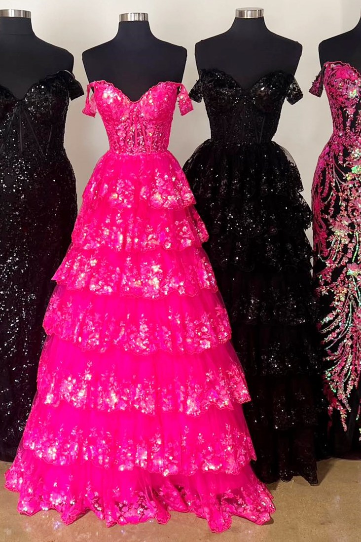 Dressime Off-the-Shoulder Ruffle Multi-Tiered Long Prom Dress dressime