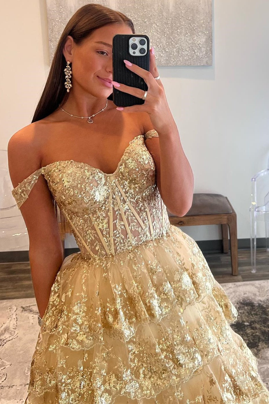 Dressime Off-the-Shoulder Ruffle Multi-Tiered Long Prom Dress dressime