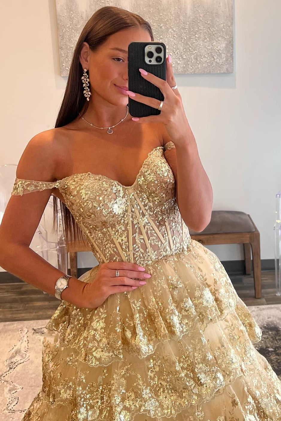 Dressime Off-the-Shoulder Ruffle Multi-Tiered Long Prom Dress dressime