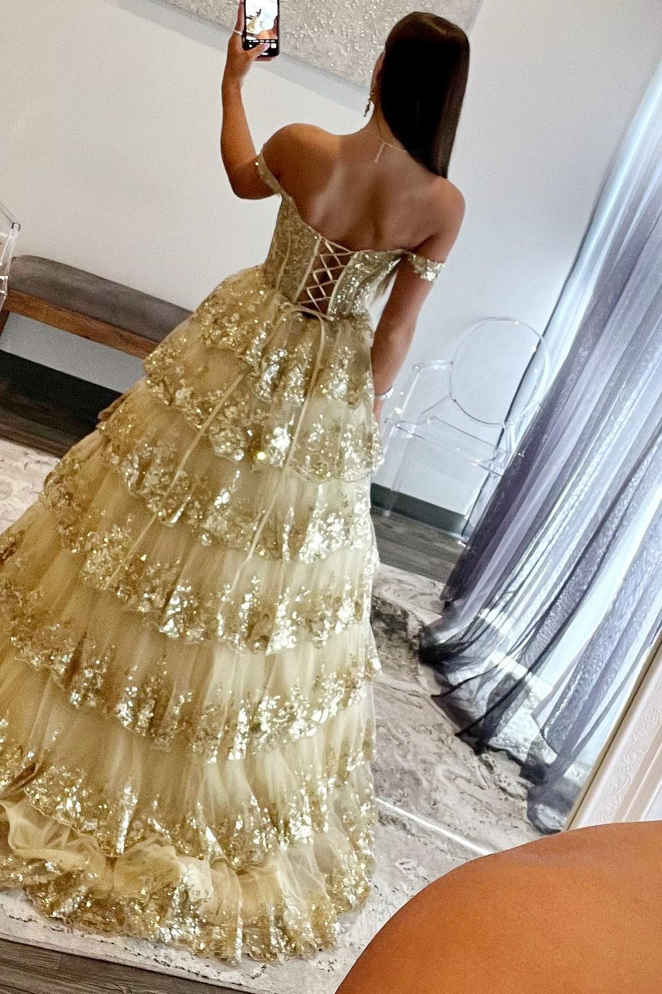 Dressime Off-the-Shoulder Ruffle Multi-Tiered Long Prom Dress dressime